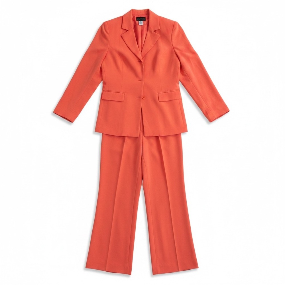 MetroStyle Coral Orange 2 Piece Pant Suit Blazer Wide Leg Trousers Size 10T
